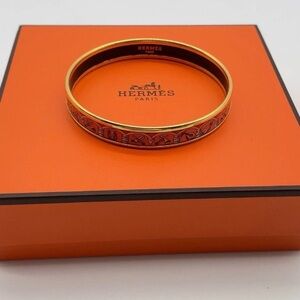 Authentic Hermes Enamel Bangle Bracelet Orange Gold Multicolor w/ Box 6.5cm